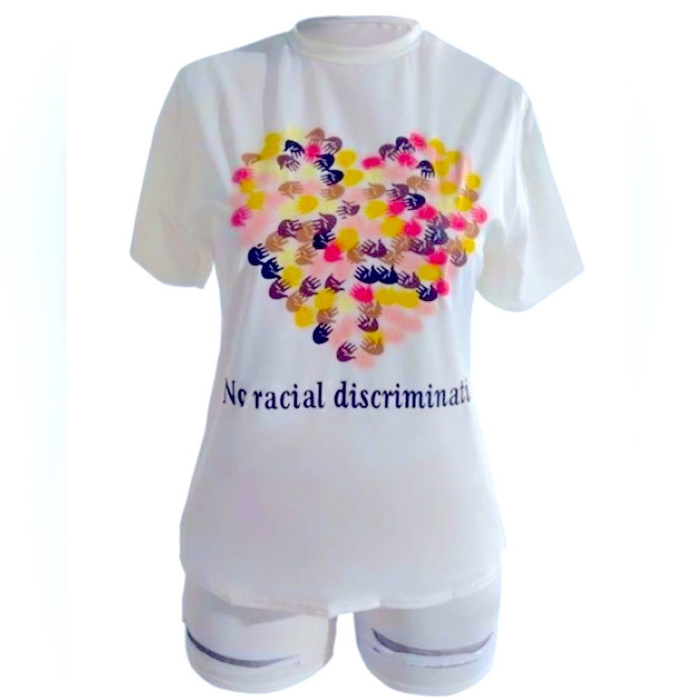 NO RACIAL DISCRIMINATION ✋🏿✋🏾✋🏽✋🏼✋🏻 Print ❤️ Shape T-Shirt & Ripped Shorts